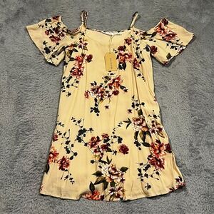 Blu Pepper Shift Dress‎ Floral Cold Shoulder Beige Tan Lined Women's Small NWT